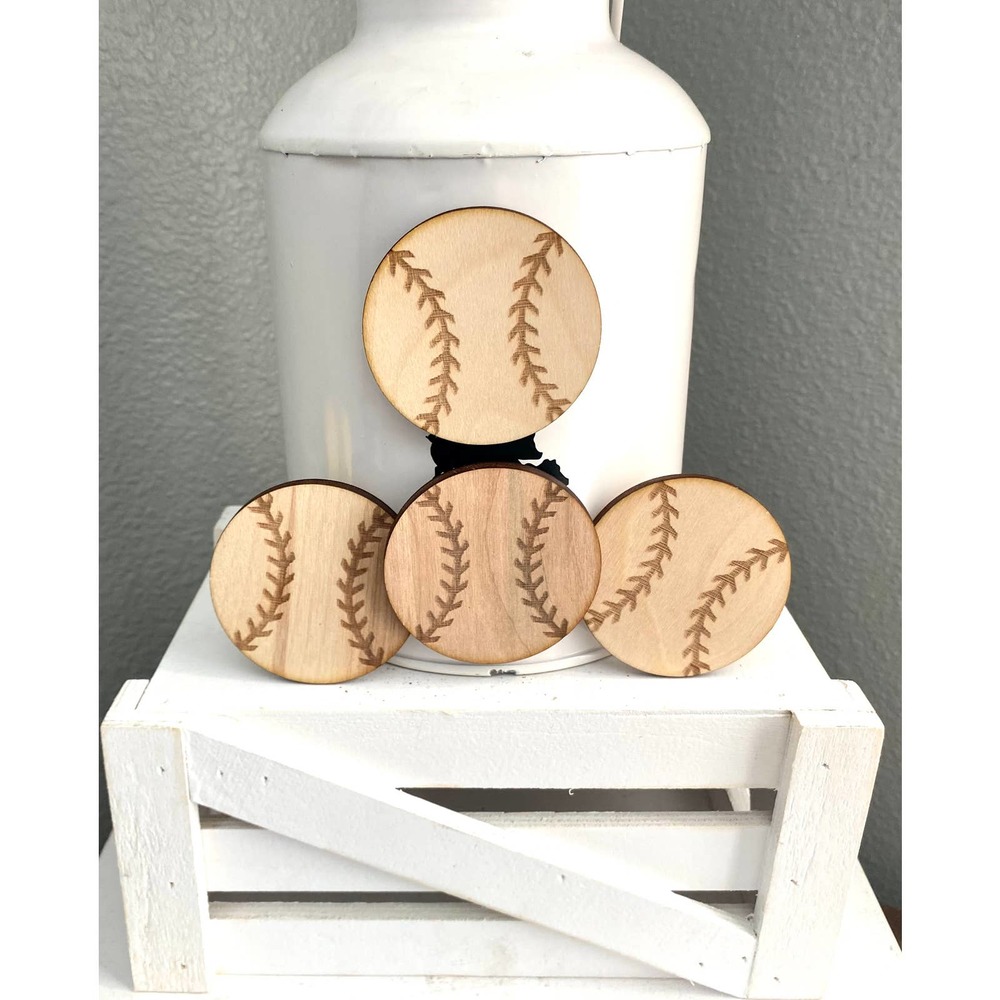 Set of 4 Handmade Natural Wood Baseball Magnets (BM)
